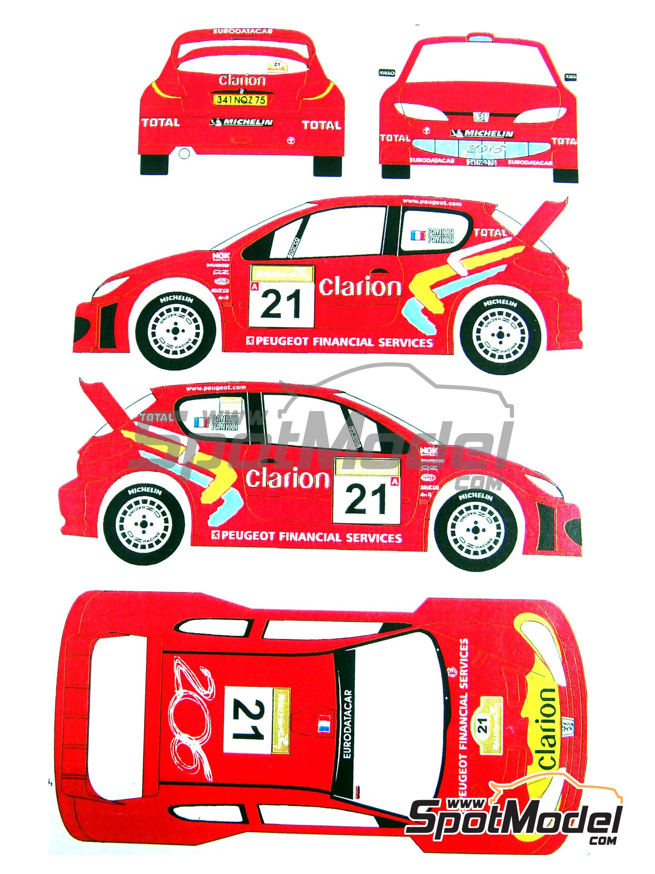 Peugeot 206 WRC sponsored by Clarion - Rally of Turkey 2003. Marking /  livery in 1/24 scale manufactured by Renaissance Models (ref. TK24-155,  also TK